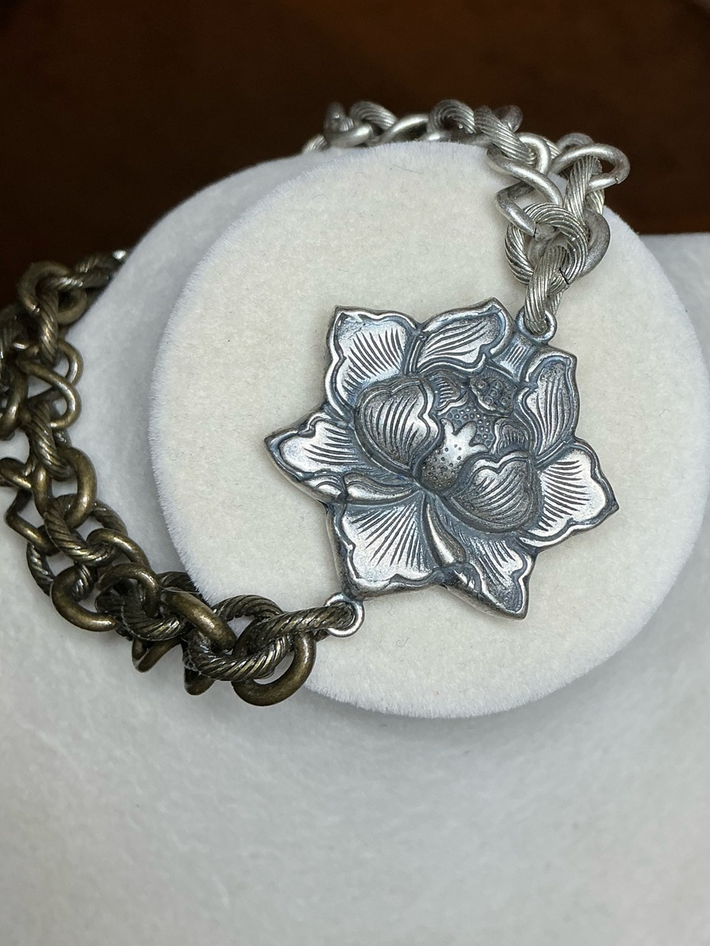 Double Chain Bracelet Antique Silver/Brass with Tibetan Silver Lotus